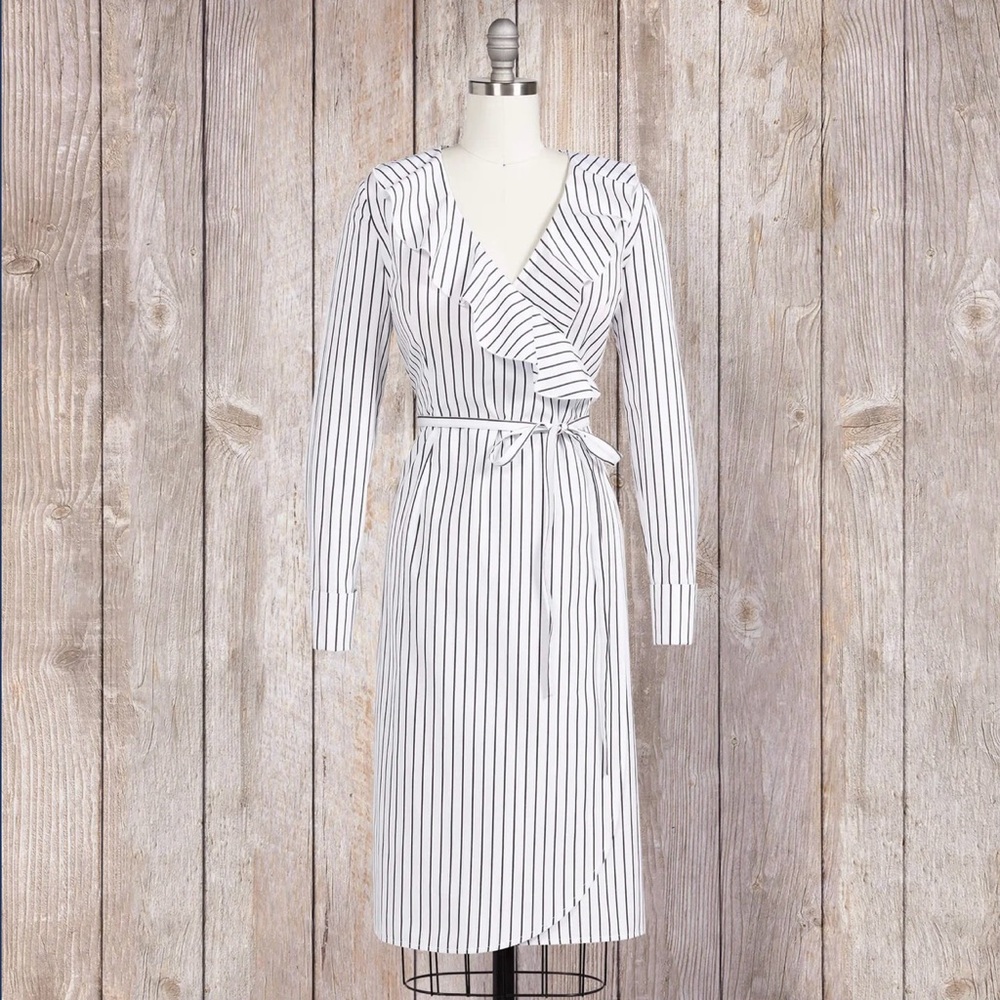 J Peterman Toot’s Shore Cotton Poplin Black White Striped Wrap Dress 18 New NWOT